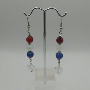 Patriotic Red White Blue Star Bead Women Dangle Drop Earrings NWOT Handmade 2.5"